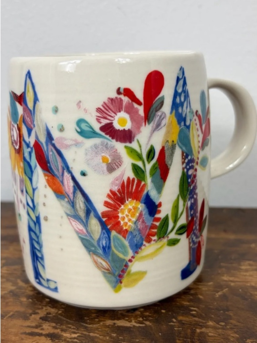 Anthropologie "Petal Palette" floral monogram letter "M" ceramic mug
